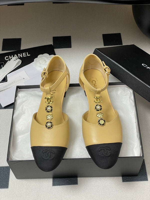 CC 25S Jewelry Double C Buckle T-Strap Mary Jane Beige Lambskin Black Grosgrain 247712