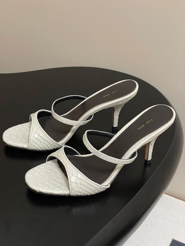 The Row 25S Strap High Heel Mule Sandals 85mm White Snake Pattern Cowhide 286204