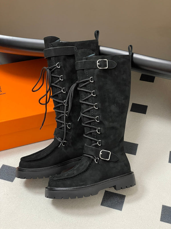 HM Lace Up Boots 25mm Belt Buckle Black Suede