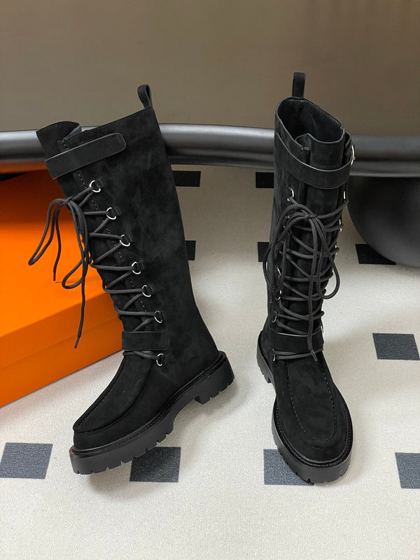 HM Lace Up Boots 25mm Belt Buckle Black Suede