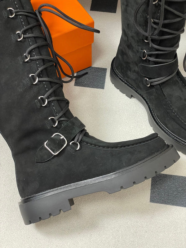 HM Lace Up Boots 25mm Belt Buckle Black Suede