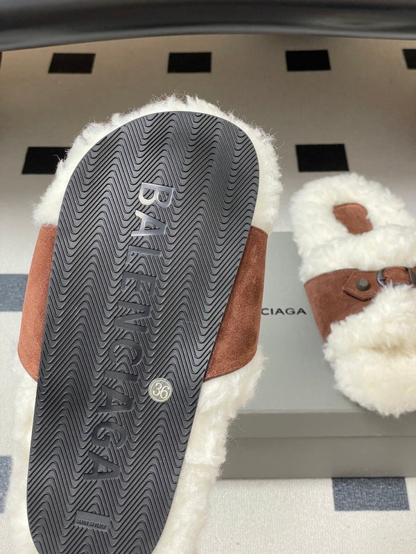 Balenciaga Classic Buckle Slippers White Red Brown Wool 535028