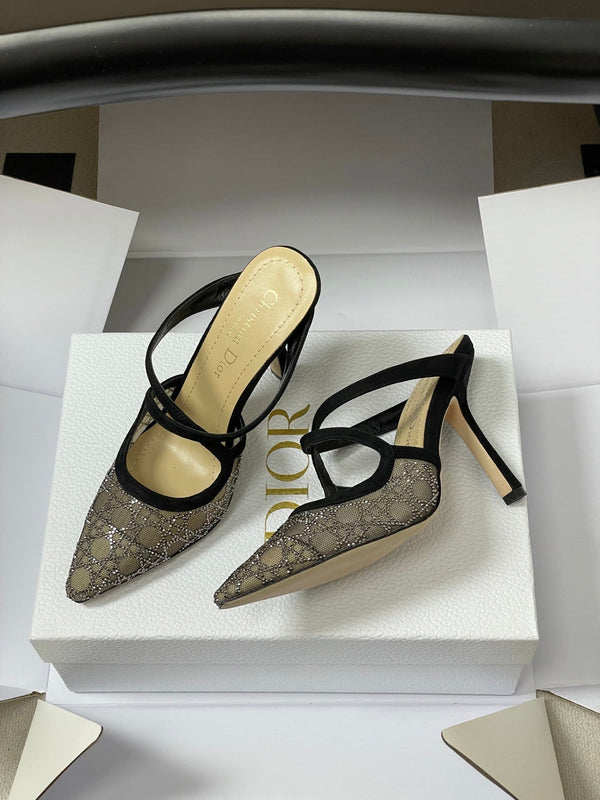 CD 26 High-Heeled Mules Black Beige Mesh Sheepskin 593588