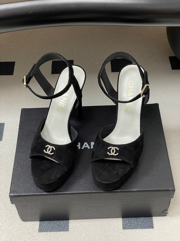 CC 26SS Platform Sandals 120mm Black Double C Sheepskin Suede 632574