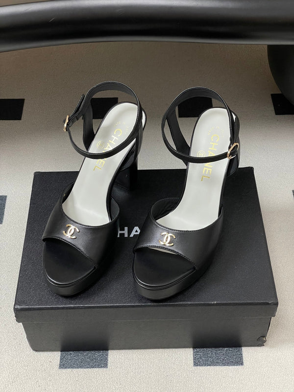 CC 26SS Platform Sandals 120mm Black Double C Sheepskin 632572