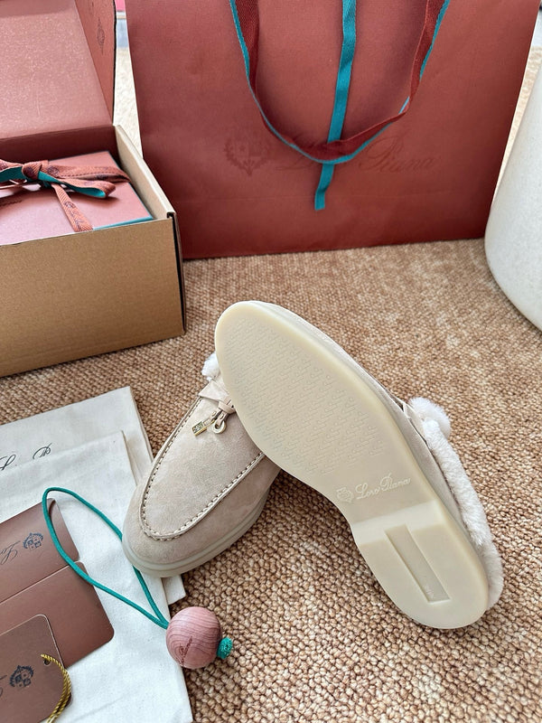 Loro Piana Charms Walk Flat Mules Apricot Suede Fur 623530