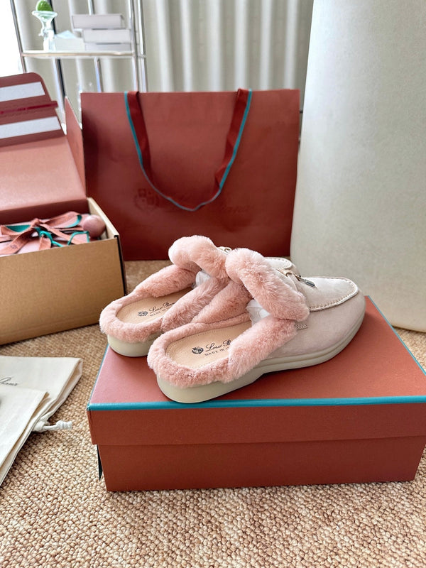 Loro Piana Charms Walk Flat Mules Light Pink Suede Fur 623533