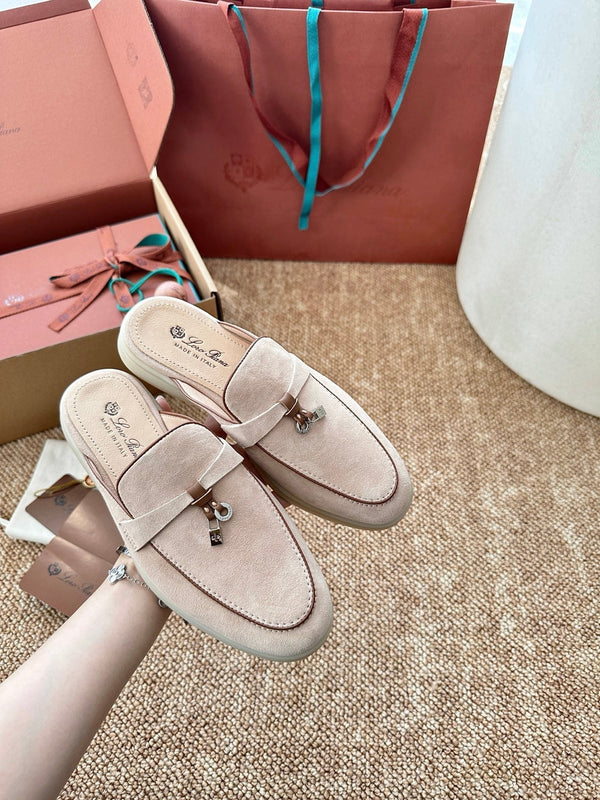 Loro Piana Charms Walk Flat Mules Pale PInk Suede 623548