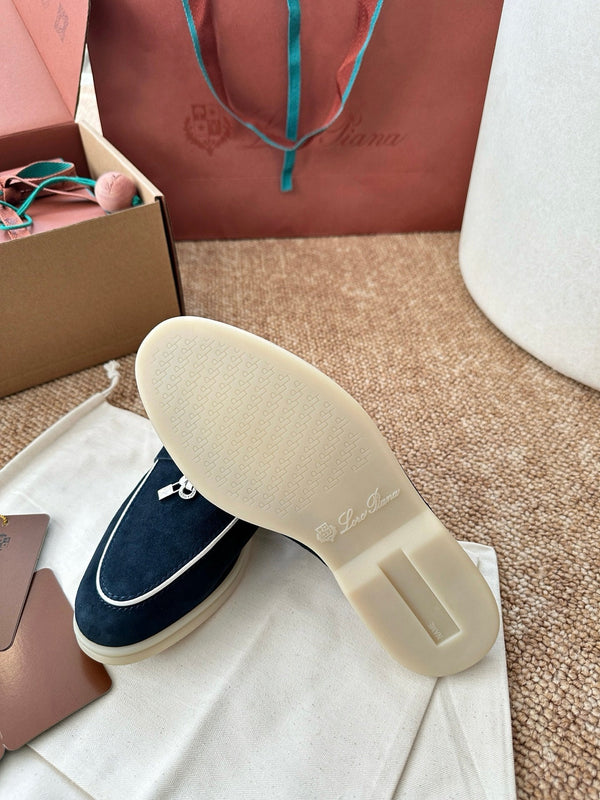 Loro Piana Charms Walk Flat Mules Deep Blue Suede 623550