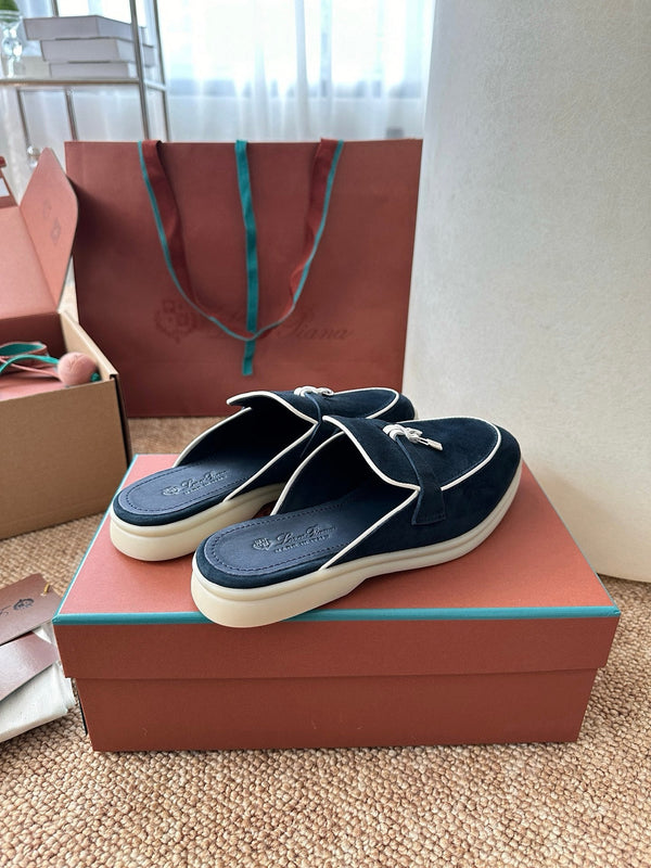 Loro Piana Charms Walk Flat Mules Deep Blue Suede 623550
