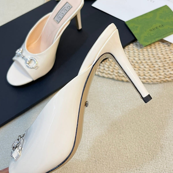GG Women's Horsebit mid-heel slide sandal in glossy White leather