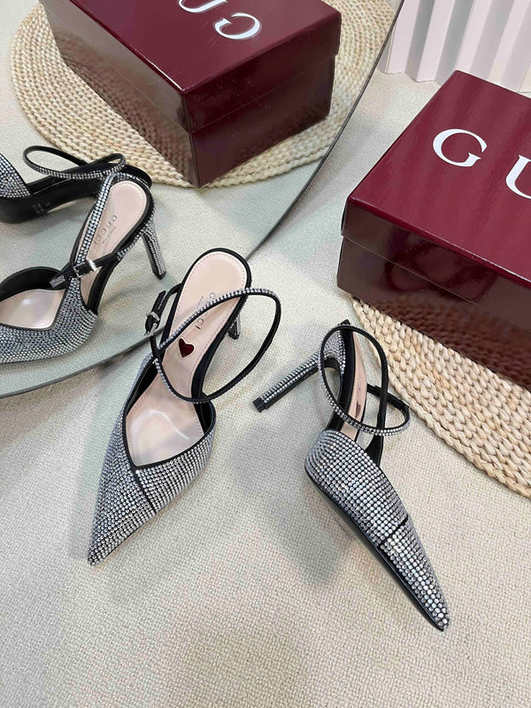 GC Crystal-Embellished Slingbacks Black Silk Sheepskin 294611
