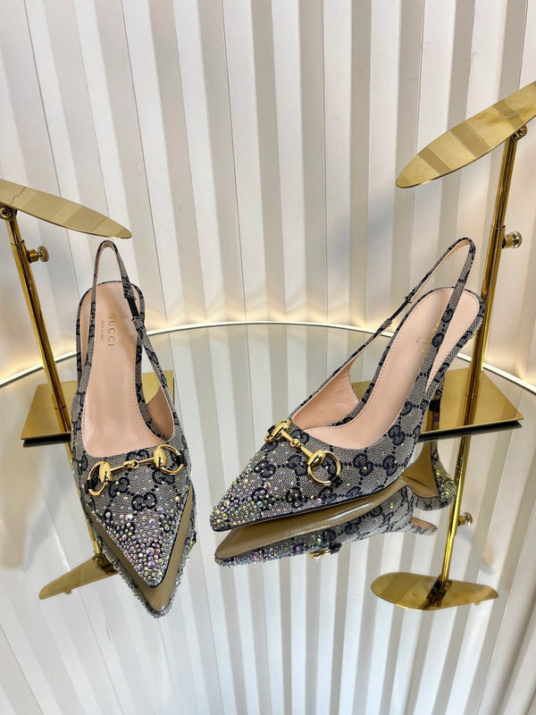 GC Crystal Horsebit Slingback 100mm Beige mix Blue Canvas lambskin 294619