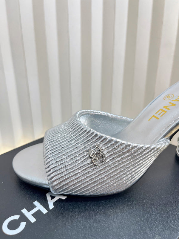 CC 26P Mule Sandals 8cm Sliver Leather 767856