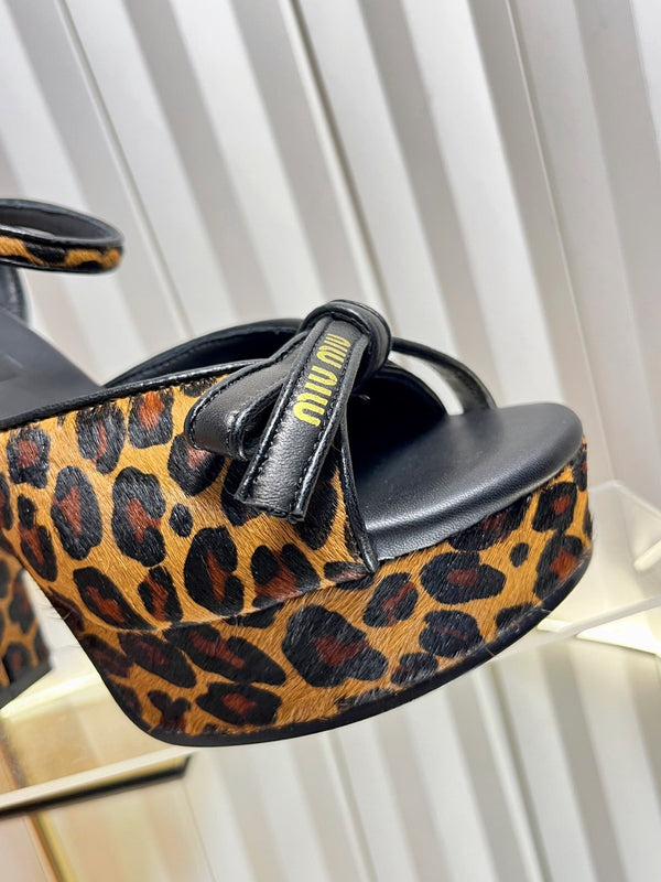 Miu 26s Platform Ankle Strap Sandals 120mm In Leopard Print Calf Hair With Bow