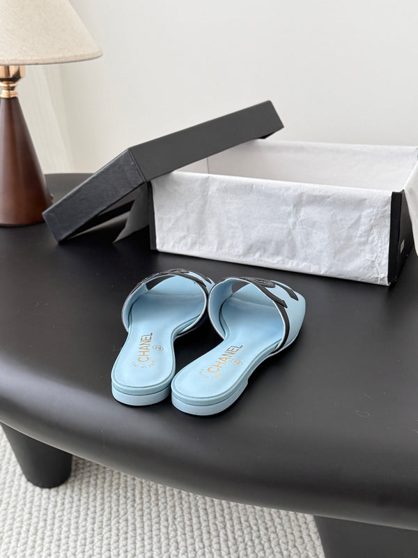 CC 2026 Flat Sandal Black Blue Lambskin 675866