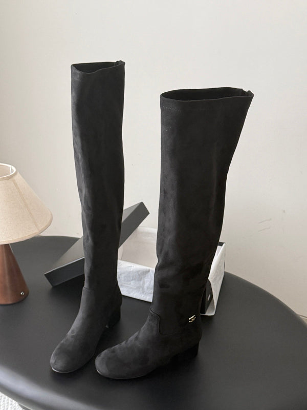 CC 26s Chunky Heel Elastic Boots 5cm Black Suede 969720