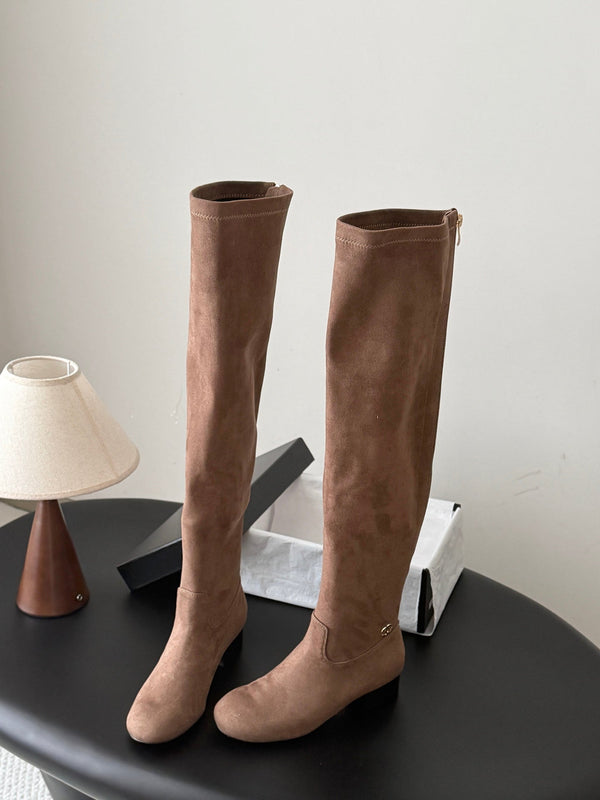 CC 26s Chunky Heel Elastic Boots 5cm Brown Suede 969721