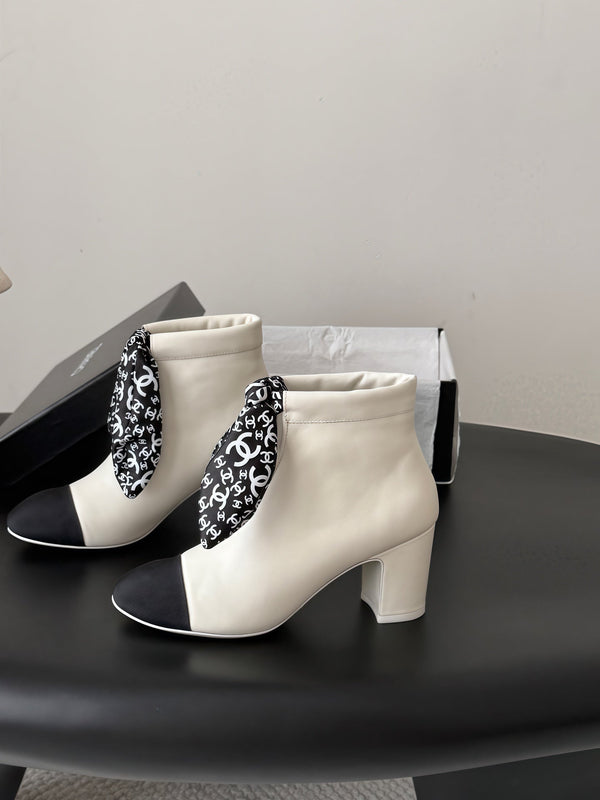CC 26s Silk Scarf Ankle Boots White Black Leather Grosgrain 127894