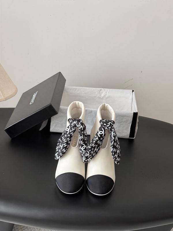 CC 26s Silk Scarf Ankle Boots White Black Leather Grosgrain 127894