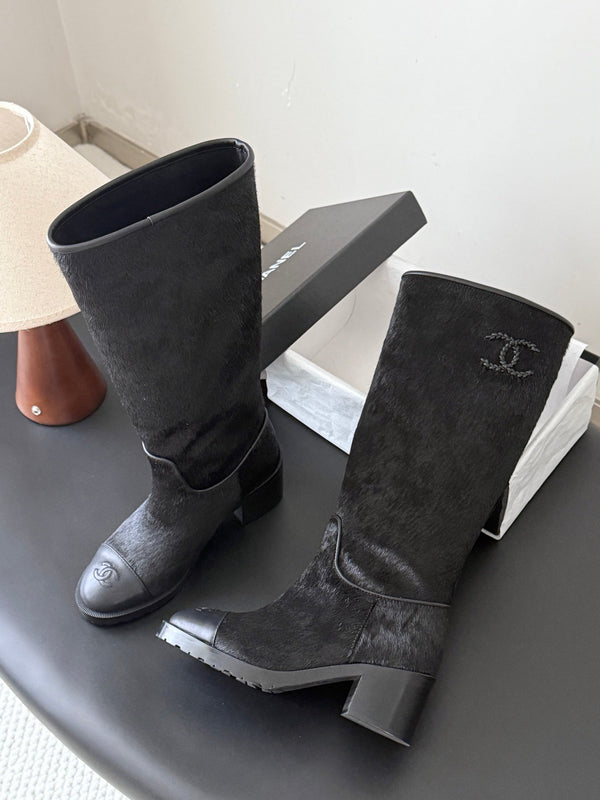 CC 26s Embroidered Logo Knee High Boots Black Pony Hair 127788