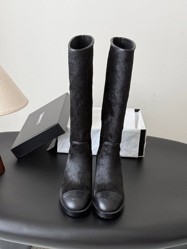 CC 26s Embroidered Logo Knee High Boots Black Pony Hair 127788