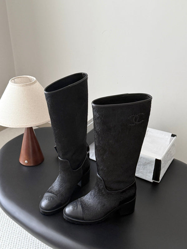 CC 26s Embroidered Logo Knee High Boots Black Pony Hair 127788