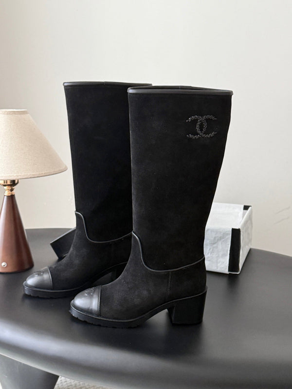 CC 26s Embroidered Logo Knee High Boots Black Suede 127791