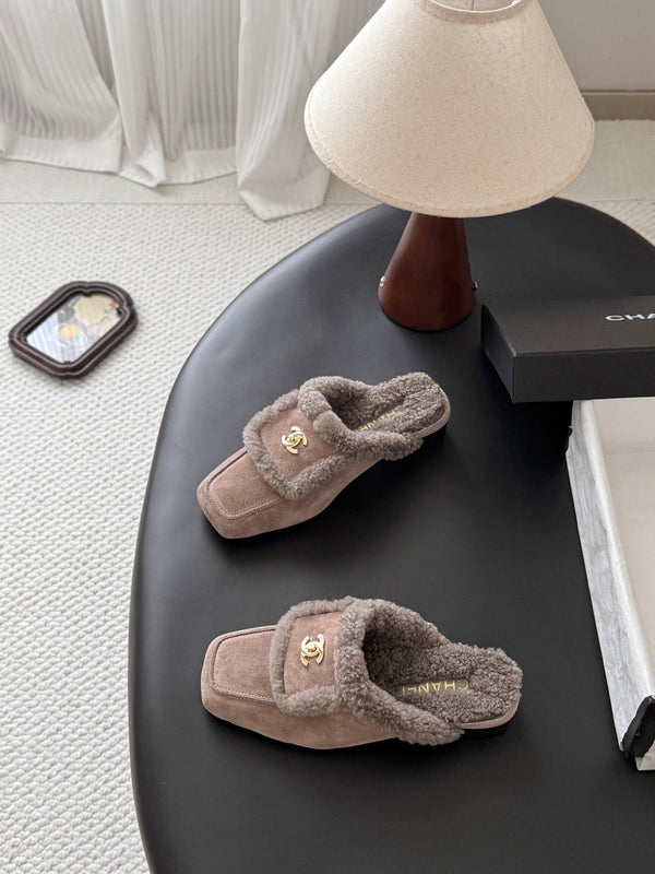 CC 26S Shearling Trim Mules Grey Gold Suede 127803