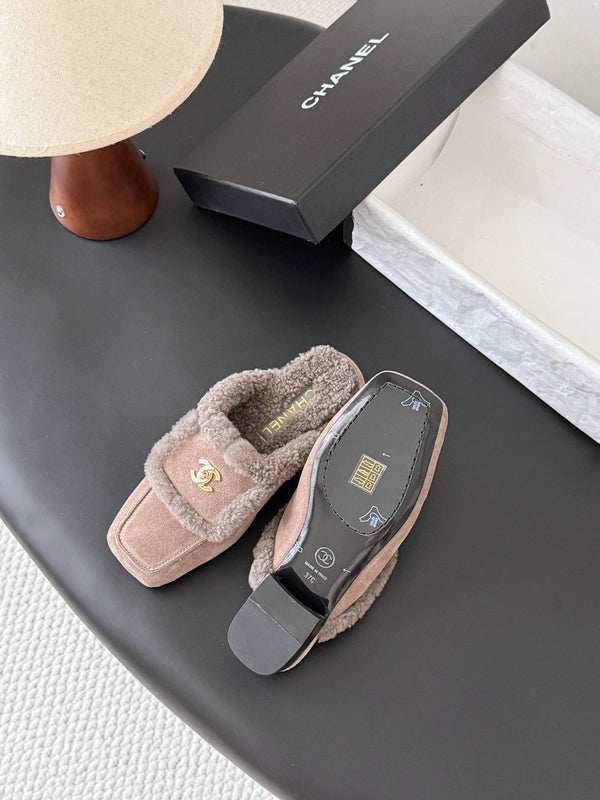 CC 26S Shearling Trim Mules Grey Gold Suede 127803