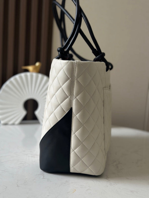 CC 25s Cambon Ligne Tote Bag 30cm In White Mix Black Calfskin