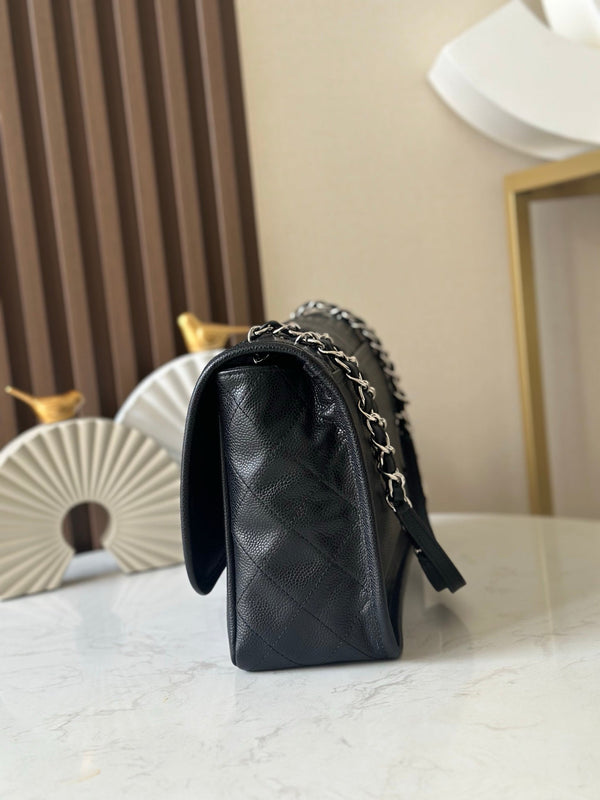 CC Double-Pocket Messenger Bag Black Lambskin Quilted