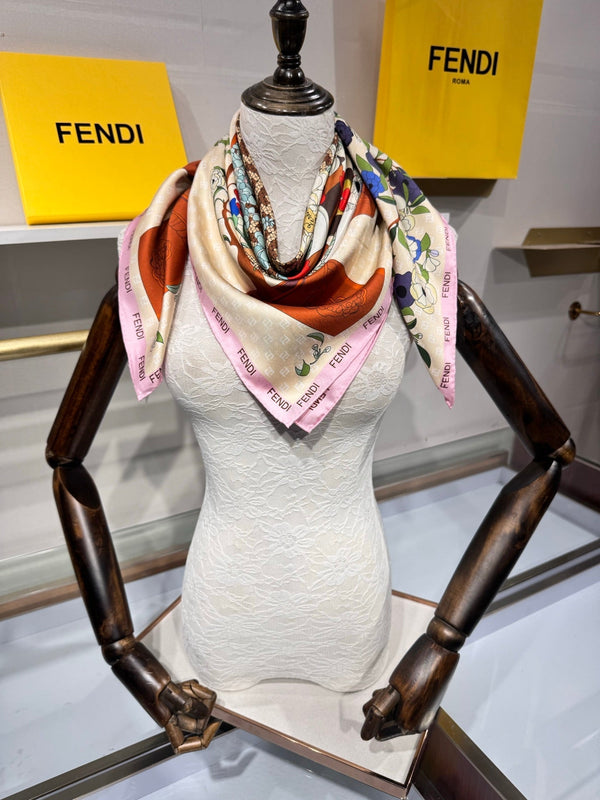 Fendi Gardening Foulard Scarf 90x90 Pink Colorful Silk Twill 204007