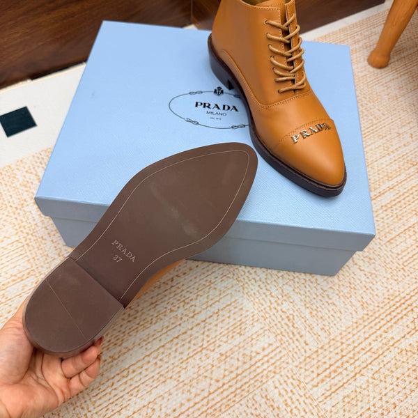 Prad 26s Pointed-Toe Derby Shoes Camel Leather 974553