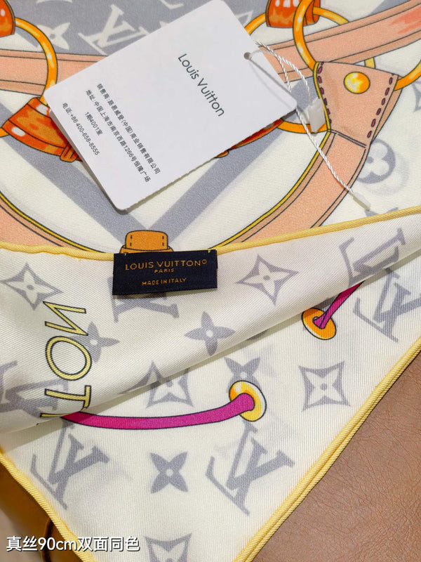 LV Scarf 90cm Creme Rose Fuchsia Twill Silk 136595