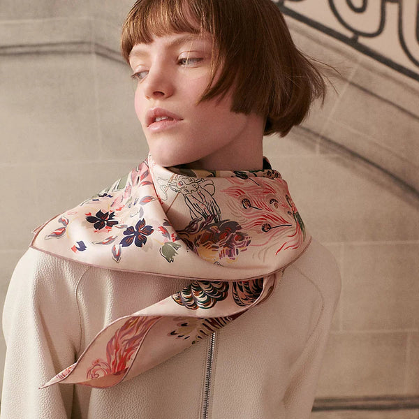 HM Emile et une Nuit Scarf 90x90 Pink Colorful Twill Silk 202553