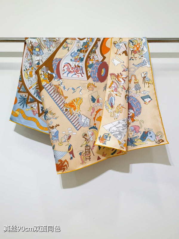 HM Academia Hippica Scarf 90x90cm Beige Colorful Twill Silk 304591