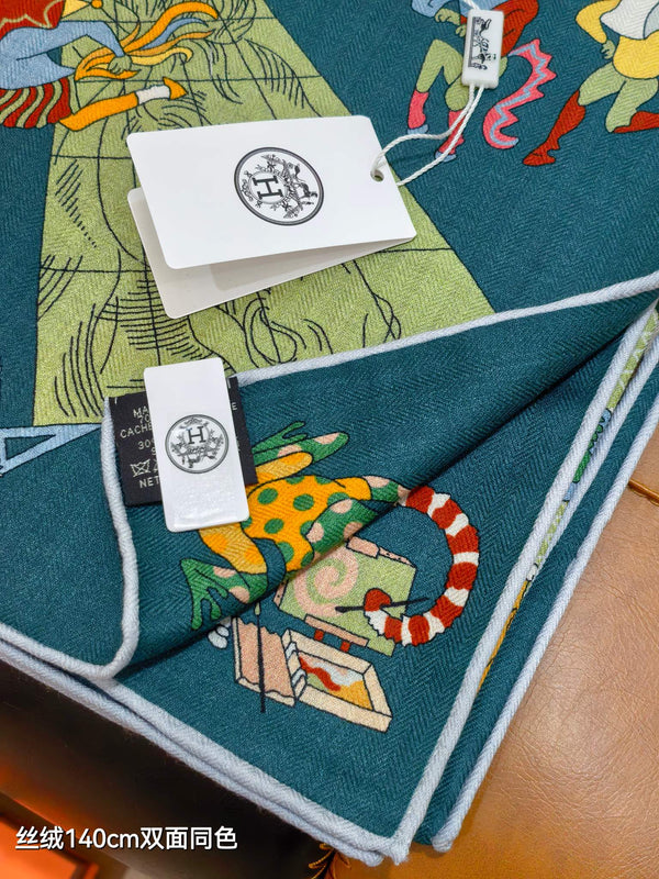 HM Double-sided Scarf 140cm Teal Green Cashmere Silk 136606