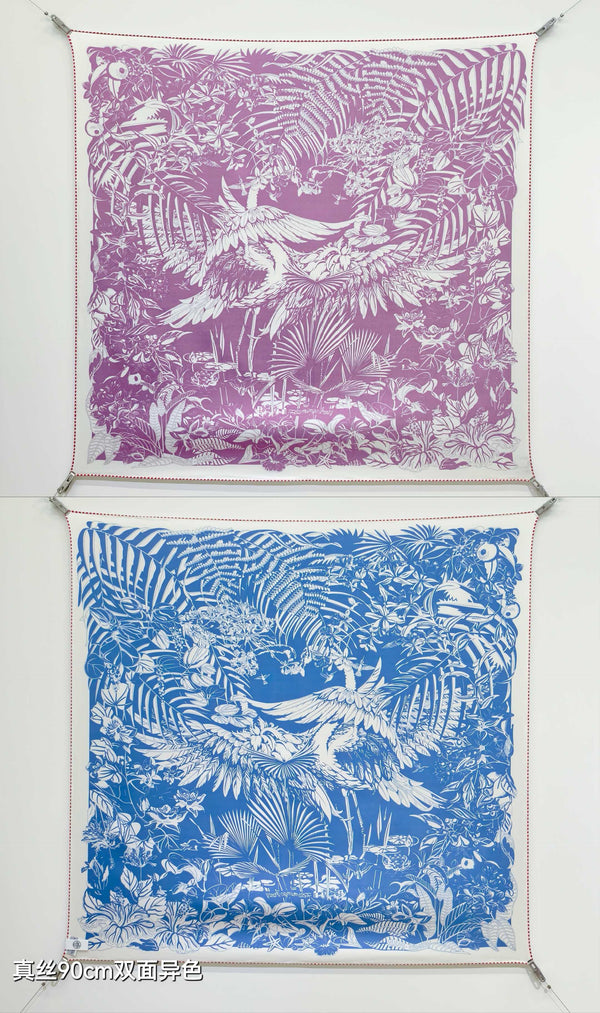 HM Flamingo Party Tattoo Double Face Scarf 90 Pink Blue Twill Silk 194439