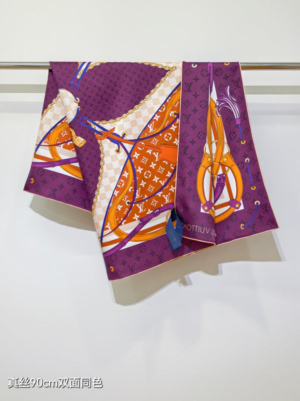 LV Scarf 90cm Purple Orange Twill Silk 136597