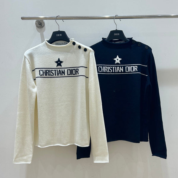 Dior 2025 Knit Sweater With Shoulder Button White and Navy Blue Wool