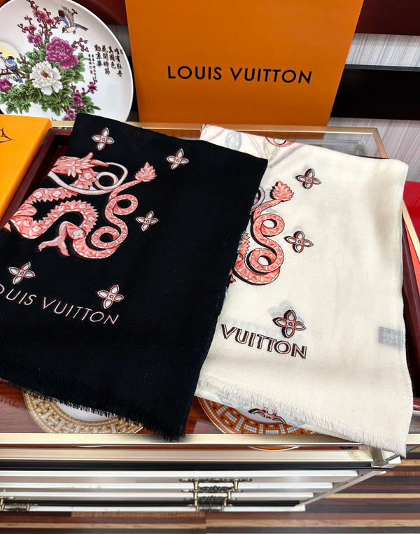 LV Long Scarf 200cm White Pink Yellow Cashmere 967317