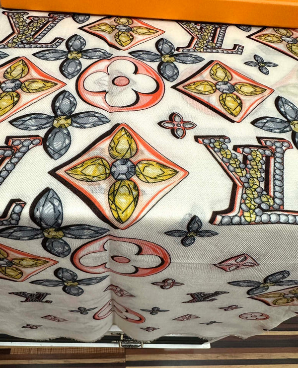 LV Long Scarf 200cm White Pink Yellow Cashmere 967317