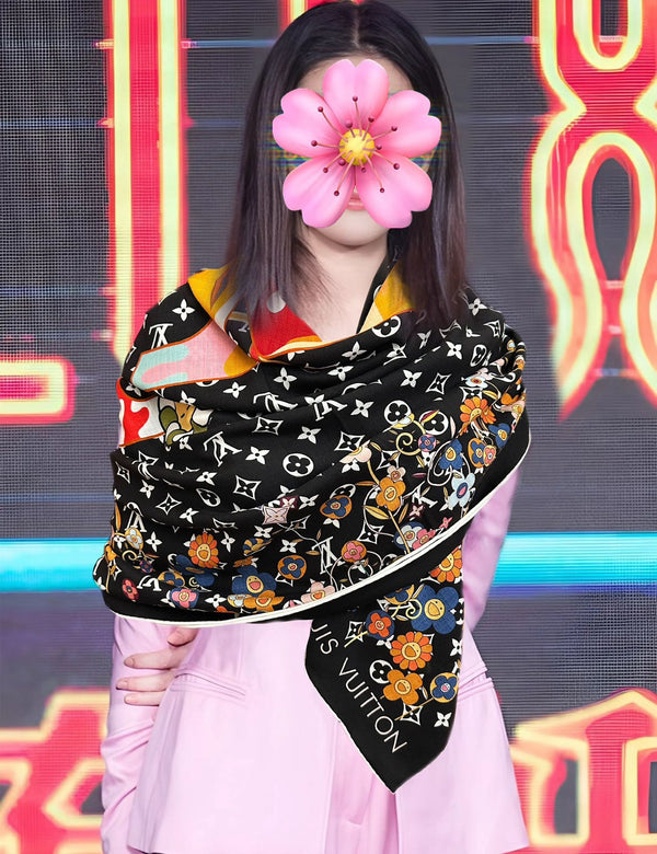 LV Double-Sided 140cm Black Colorful Silk Cashmere 967343