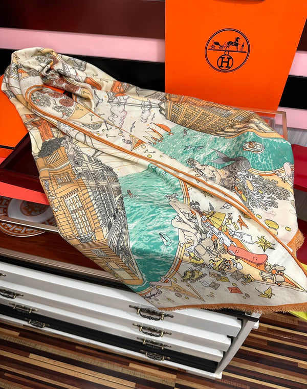 HM 26s Double-sided Scarf 185cm Creme Orange Vert Cashmere 153122