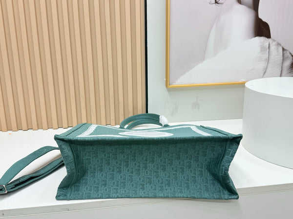 CD Dioramour Book Tote Teal Green Dior Oblique Embroidery with White Lace