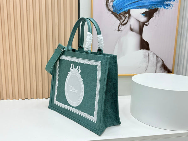 CD Dioramour Book Tote Teal Green Dior Oblique Embroidery with White Lace