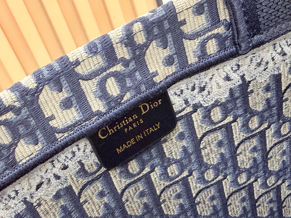 CD Book Tote Blue Dior Oblique Embroidery and White Lace
