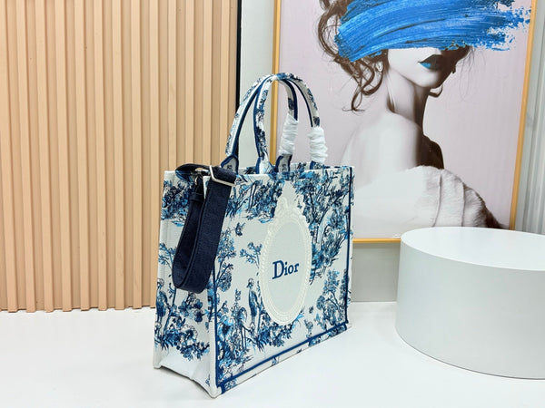 CD Book Tote With Strap Blue Toile De Jouy Floral Garden Canvas