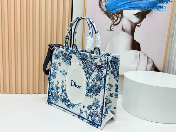 CD Book Tote With Strap Blue Toile De Jouy Floral Garden Canvas